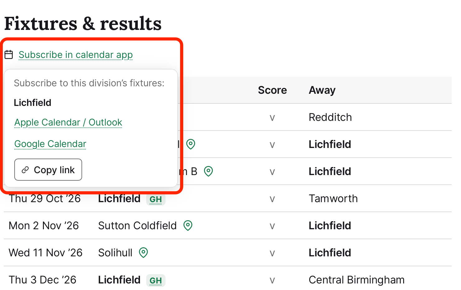 Subscribing to a fixtures calendar